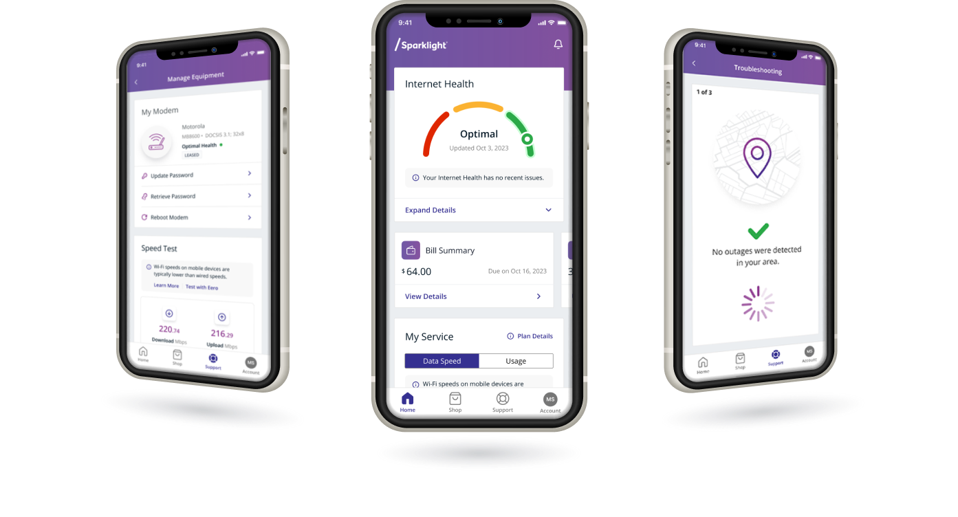 A depiction of the sparklight mobile app showing your plan information,
internet health monitoring,
and the outage map.